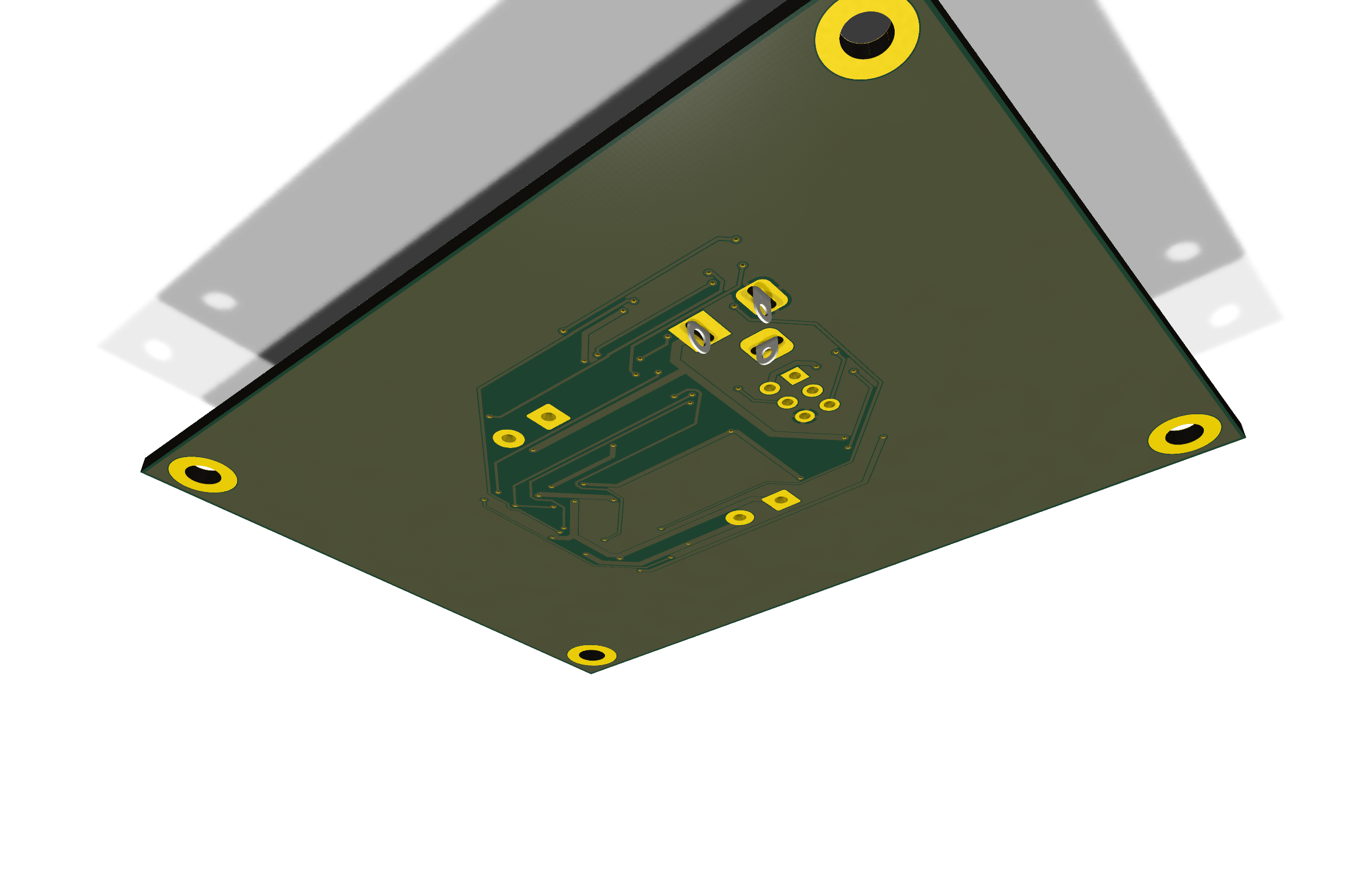 Solder side of the pet-feeder-ctrl board: the through-hole pin fields for the barrel jack, the screw terminals and the programming header, joined by a small island of bottom-layer traces near the middle. The rest of the side is bare copper-free board, and a gold-plated mounting hole sits at each corner.